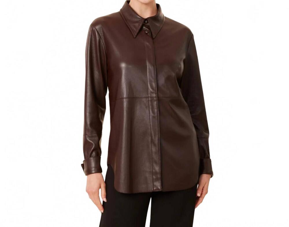 NEW DOLCE CABO faux leather metallic tailored shirt in coffee